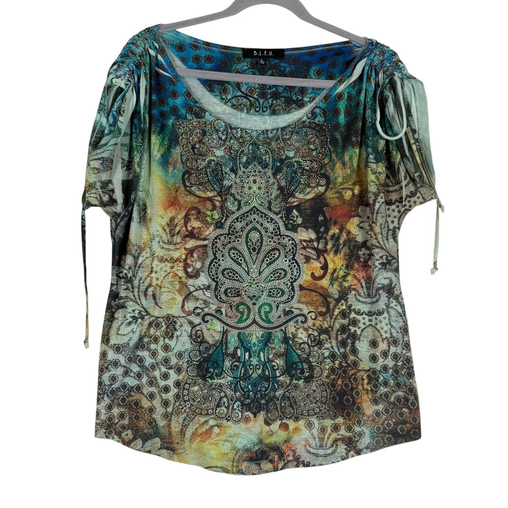 B.L.E.U. Blouse Womens Large Multicolor Paisley Scoop Neck Short Sleeve Top